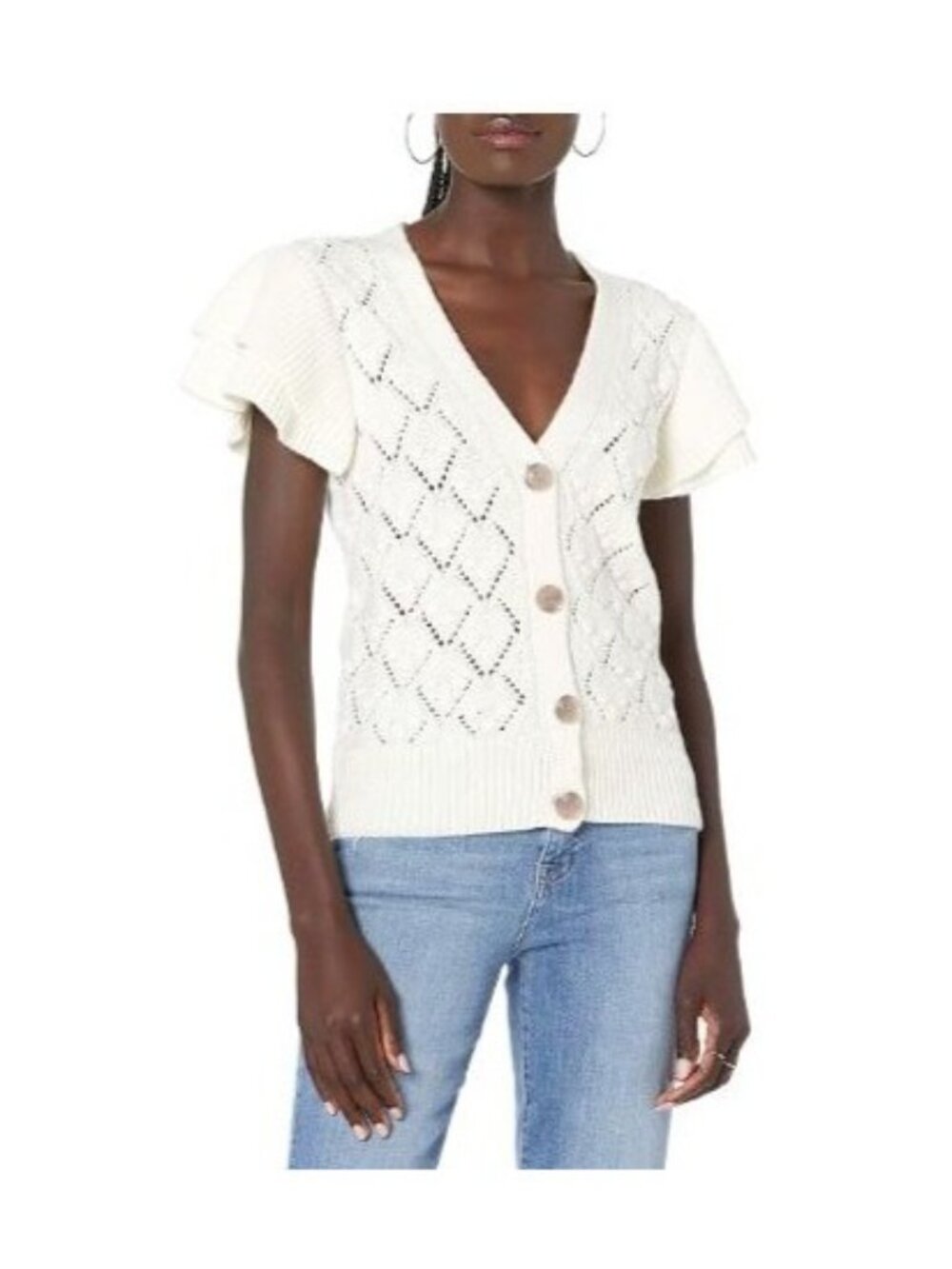 The Drop Emma Cardigan Sweater XXS Ruffle Shoulder Sleeve Button Front Cozy NEW